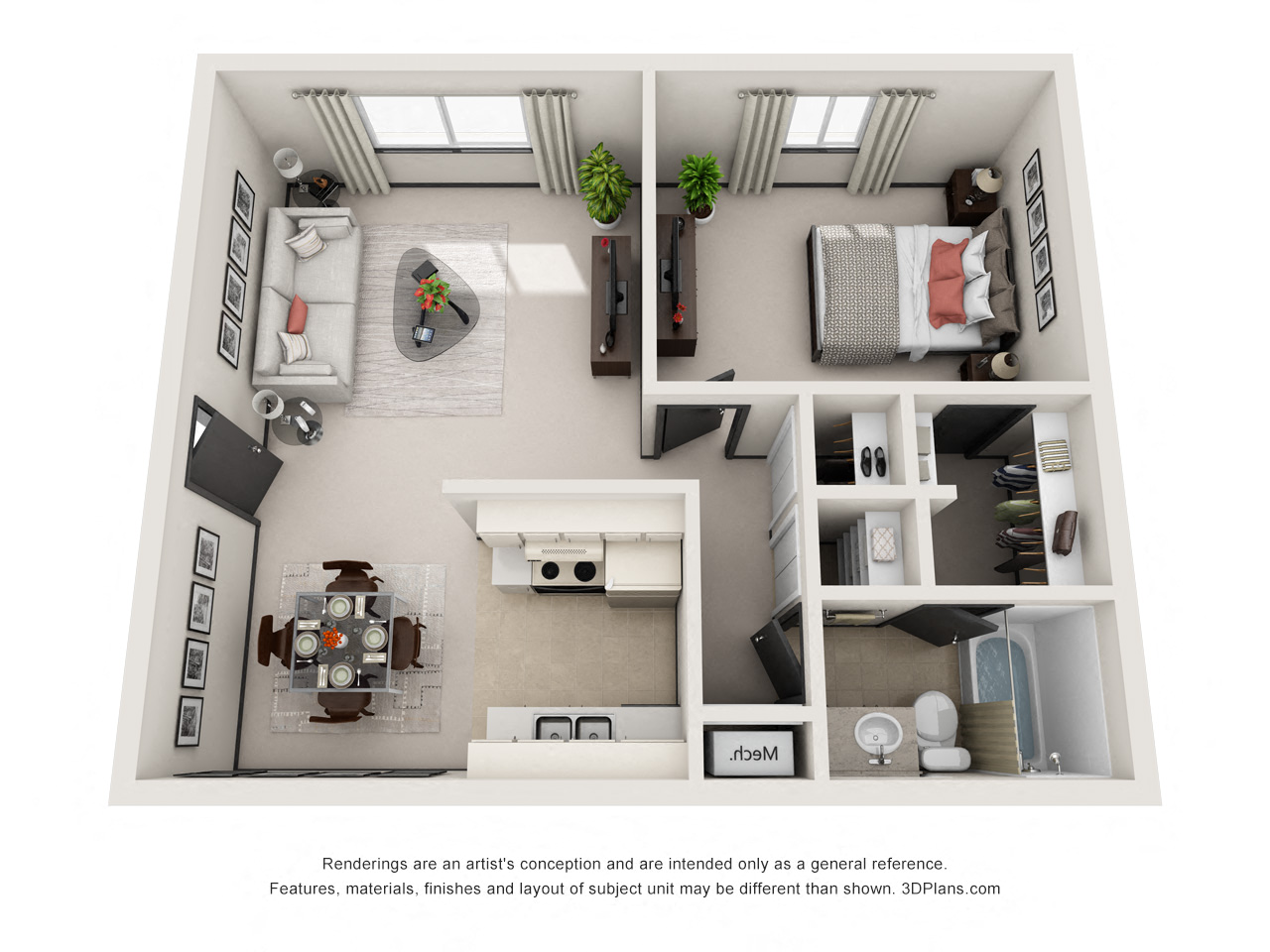 Floor plan for 1 bed, 1 bath, 619 sqft